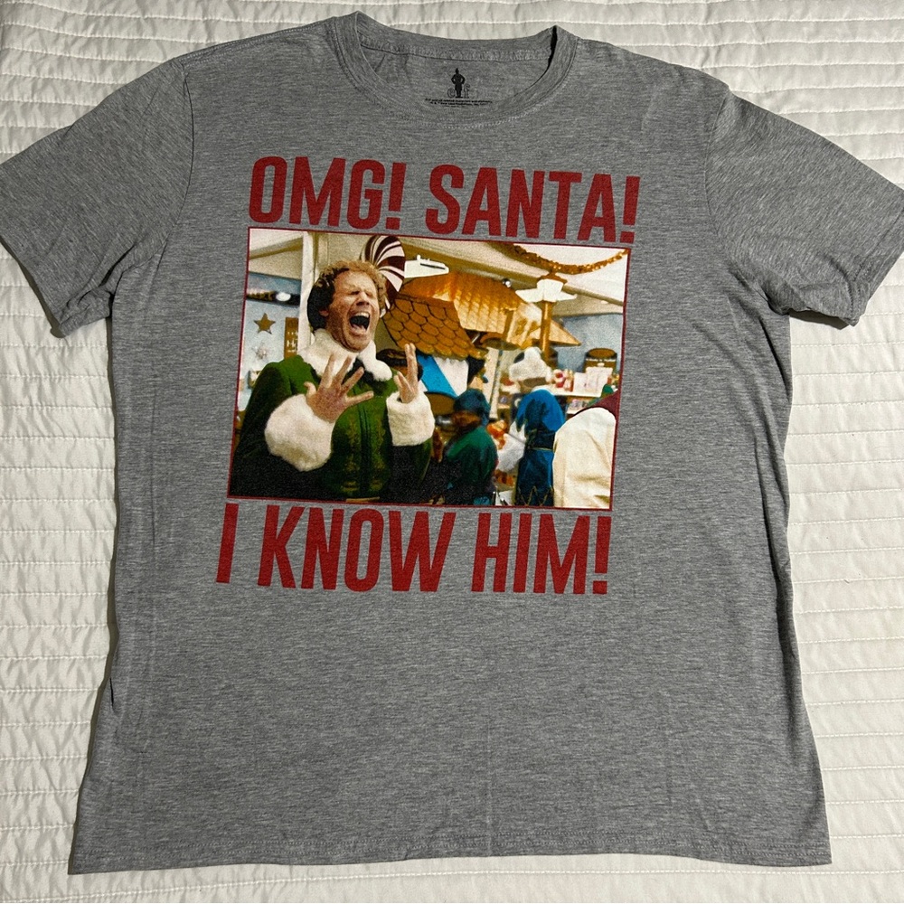 Elf OMG! SANTA! I KNOW HIM! T-Shirt Large Short Sleeve Holiday Graphic Gray